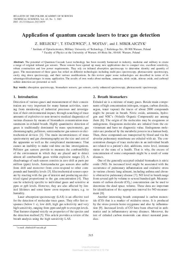 (PDF) Application of quantum cascade lasers to trace gas detection