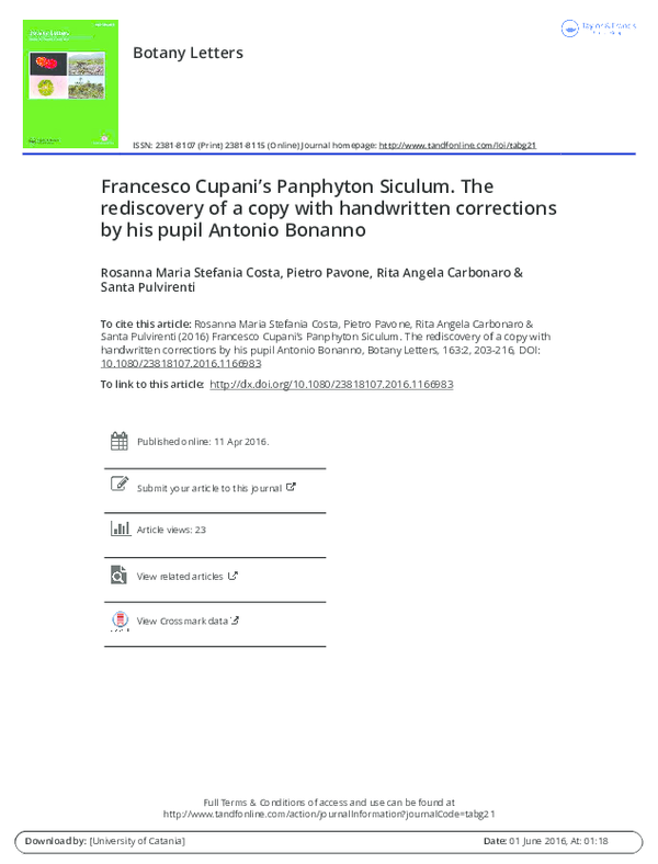 (PDF) Botany Letters Francesco Cupani's Panphyton Siculum. The ...