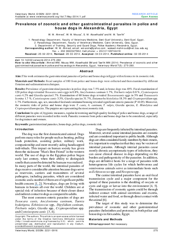 (PDF) Prevalence of zoonotic and other gastrointestinal parasites in ...