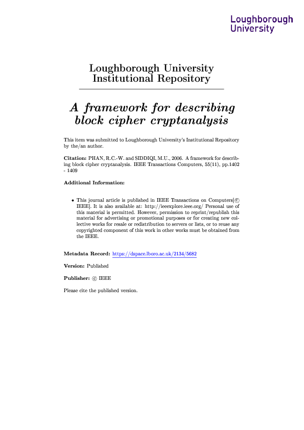 (PDF) A Framework for Describing Block Cipher Cryptanalysis