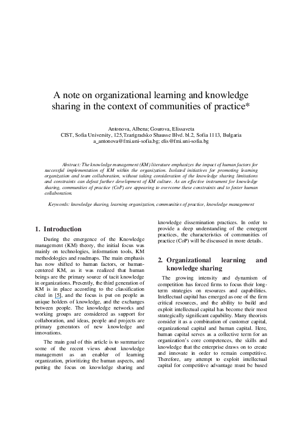 (PDF) A note on organizational learning and knowledge sharing in the ...