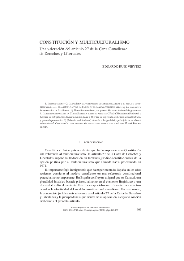 (PDF) Constitución y multiculturalismo una valoración del artículo 27