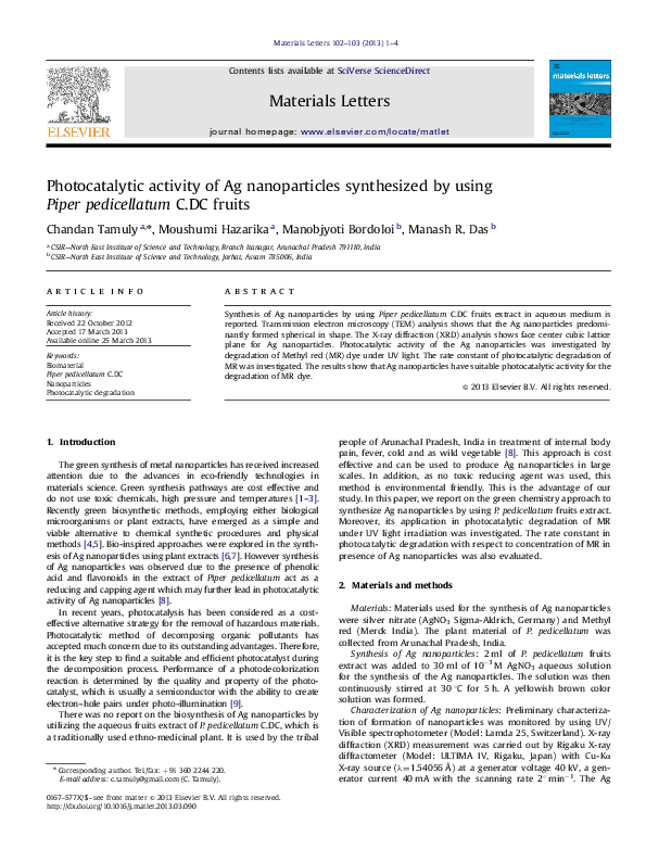 (PDF) Photocatalytic activity of Ag nanoparticles synthesized by using ...