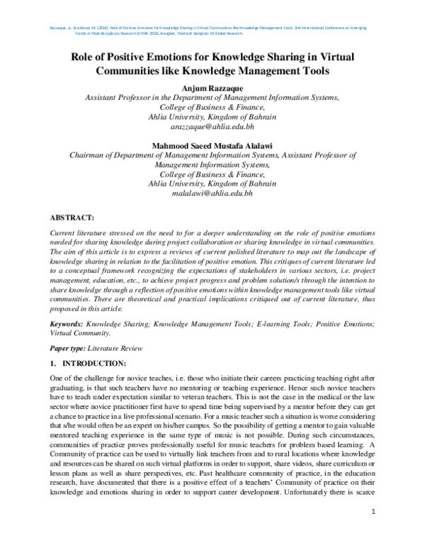 (PDF) Role of Positive Emotions for Knowledge Sharing in Virtual ...