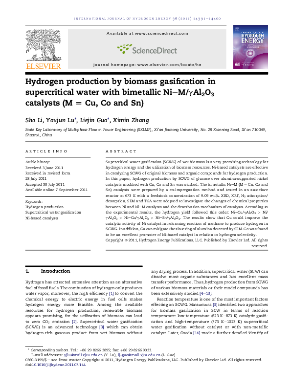 (PDF) Hydrogen production by biomass gasification in supercritical ...