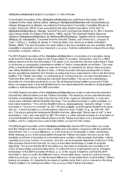 First page of “Mahayana-sutralamkara English Translations: A Critical Review”