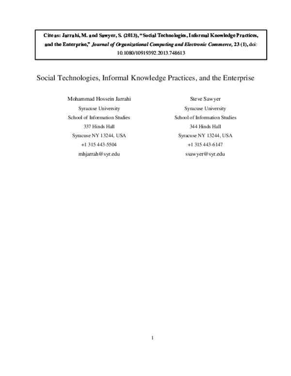 (PDF) Social Technologies, Informal Knowledge Practices, and the Enterprise