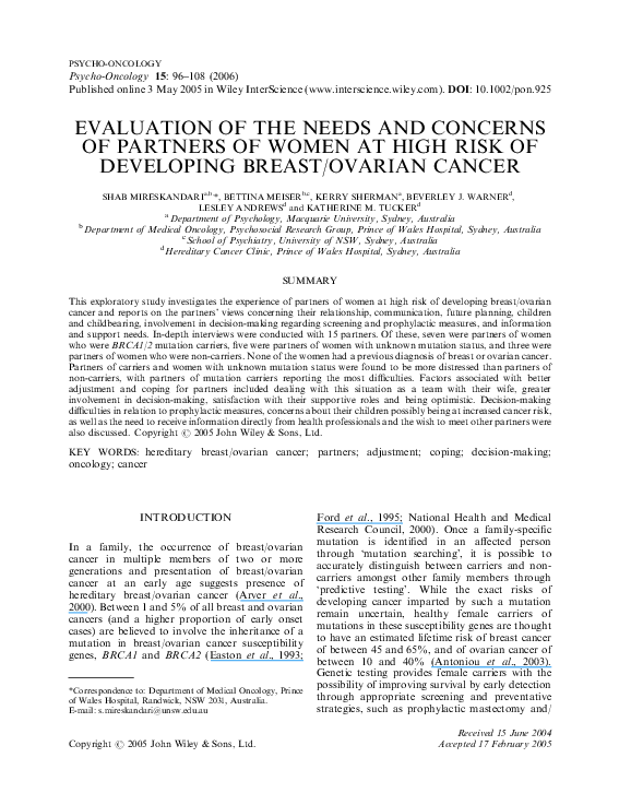 (PDF) Evaluation of the needs and concerns of partners of women at high ...