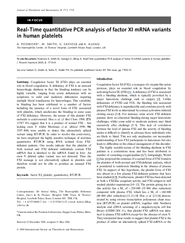 (PDF) Real-Time quantitative PCR analysis of factor XI mRNA variants in ...