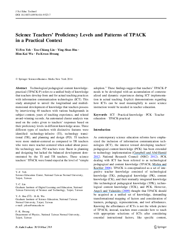 (PDF) Science Teachers’ Proficiency Levels and Patterns of TPACK in a ...