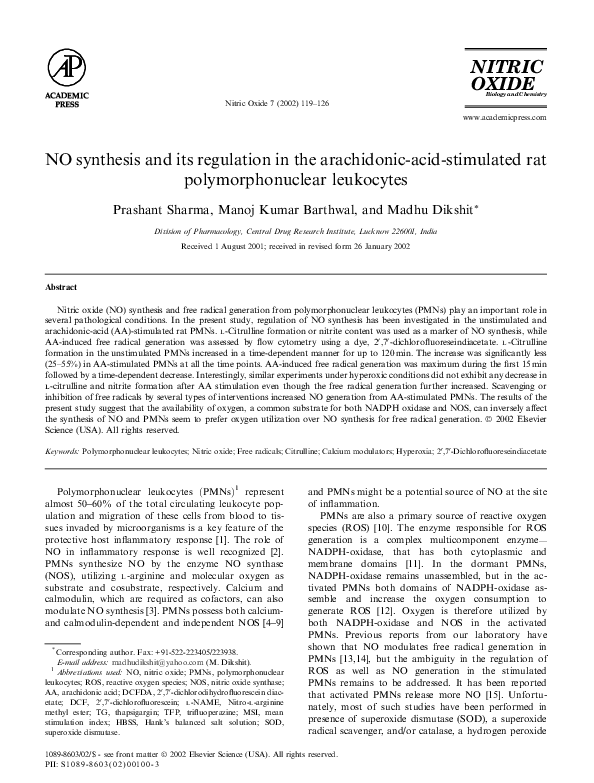 (PDF) NO synthesis and its regulation in the arachidonic-acid ...