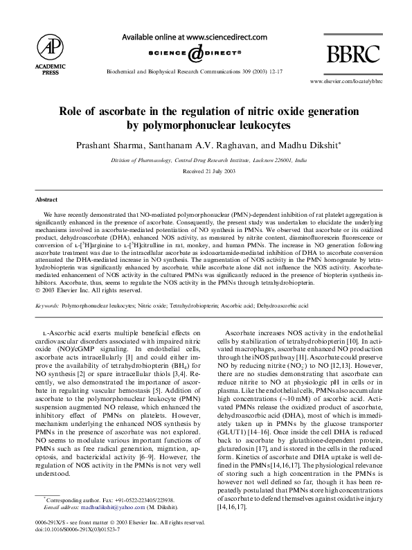 (PDF) Role of ascorbate in the regulation of nitric oxide generation by ...