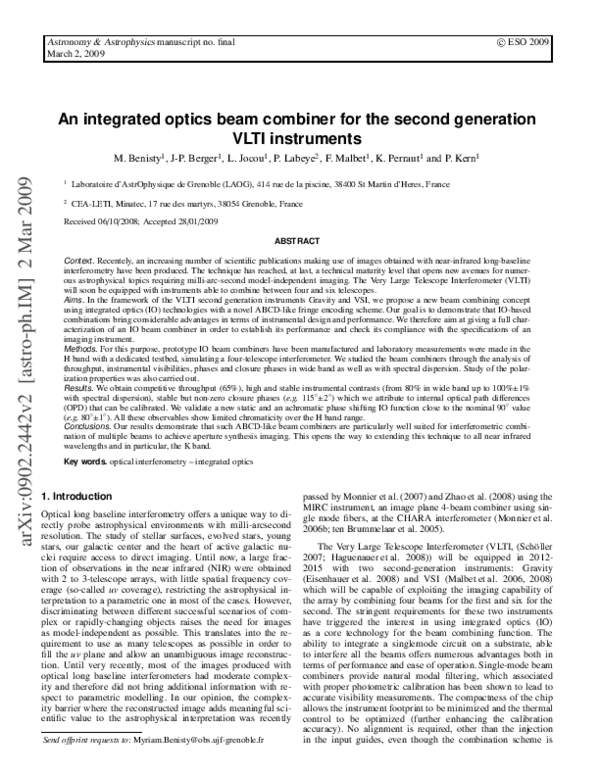 (PDF) An integrated optics beam combiner for the second generation VLTI ...