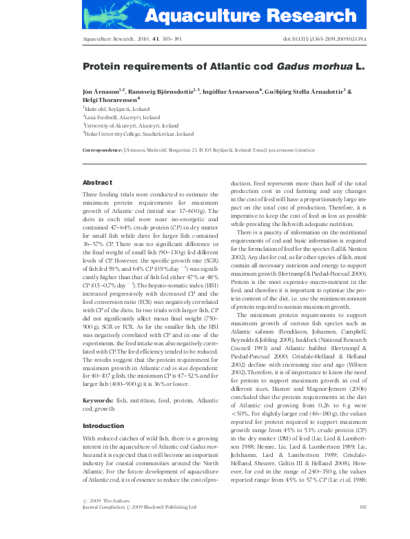 (PDF) Protein requirements of Atlantic cod Gadus morhua L