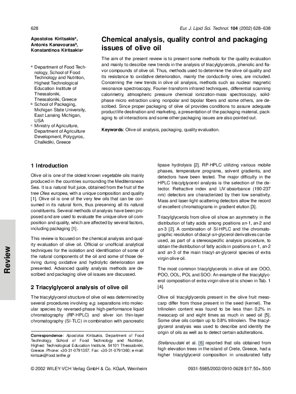 (PDF) Chemical Analysis, Quality Control and Packaging Issues of Olive Oil
