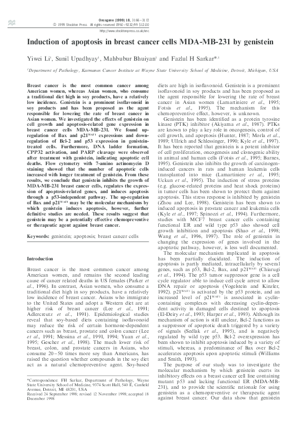 (PDF) Induction of apoptosis in breast cancer cells MDA-MB-231 by genistein