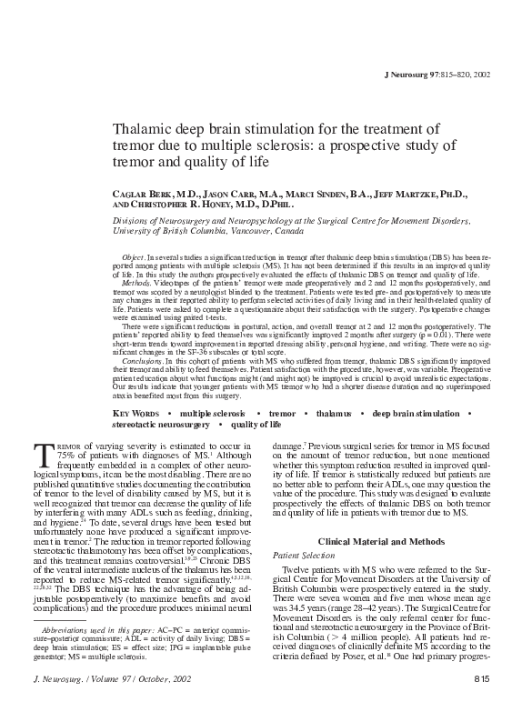 (PDF) Thalamic deep brain stimulation for the treatment of tremor due ...