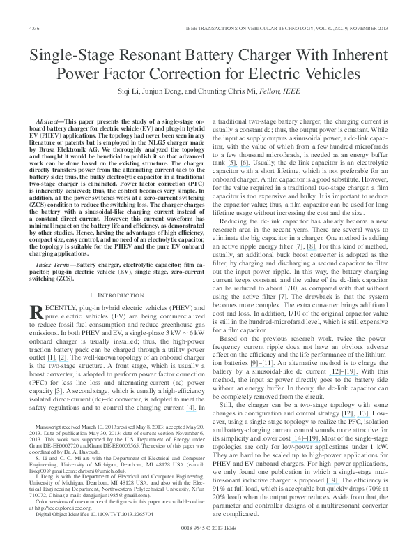 (PDF) SingleStage Resonant Battery Charger With Inherent Power Factor Correction for Electric
