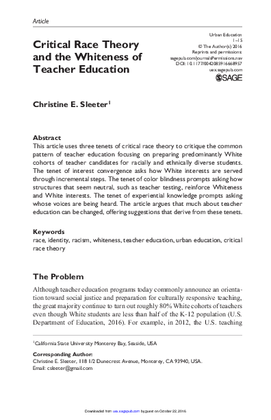 (PDF) Critical Race Theory and the Whiteness of Teacher Education