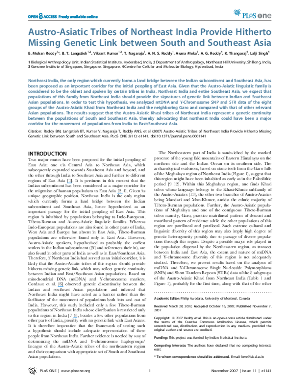 First page of “Austro-Asiatic Tribes of Northeast India Provide Hitherto Missing Genetic Link between South and Southeast Asia”