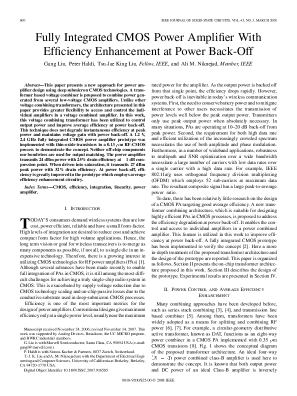 (PDF) Fully Integrated CMOS Power Amplifier With Efficiency Enhancement