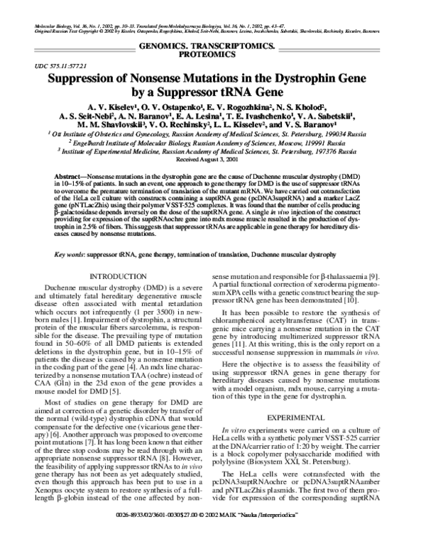 (PDF) Suppression of Nonsense Mutations in the Dystrophin Gene by a ...