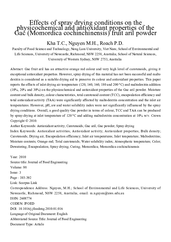 (PDF) Effects of spray drying conditions on the physicochemical and ...
