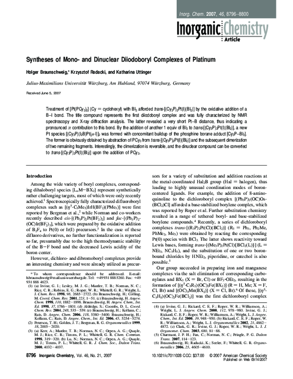 (PDF) Syntheses of Mono- and Dinuclear Diiodoboryl Complexes of Platinum