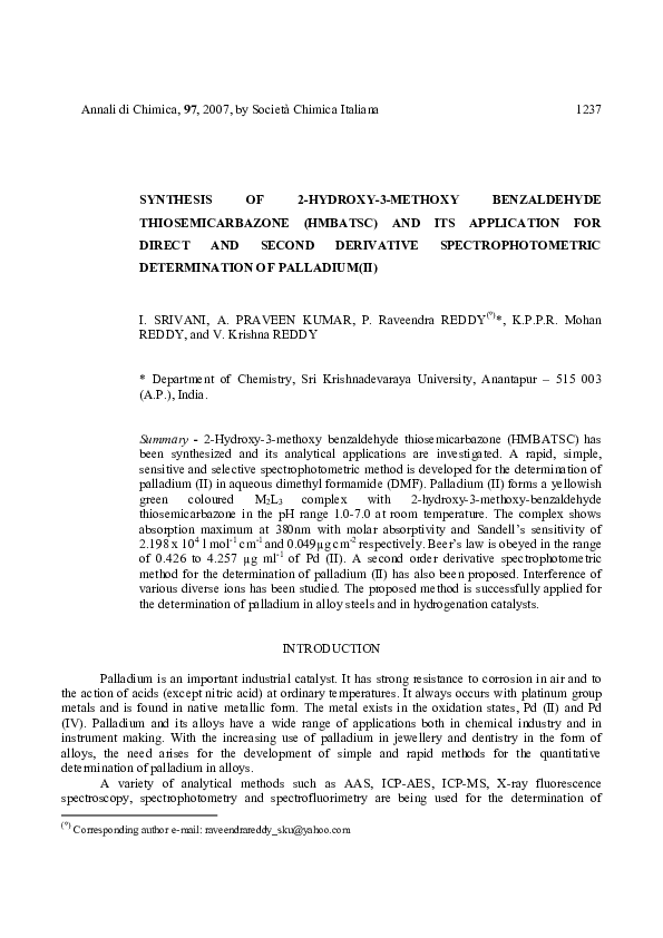 (PDF) Synthesis of 2Hydroxy3Methoxy Benzaldehyde Thiosemicarbazone