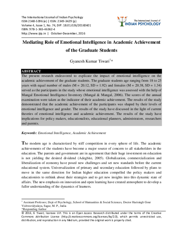(PDF) Mediating Role of Emotional Intelligence in Academic Achievement ...