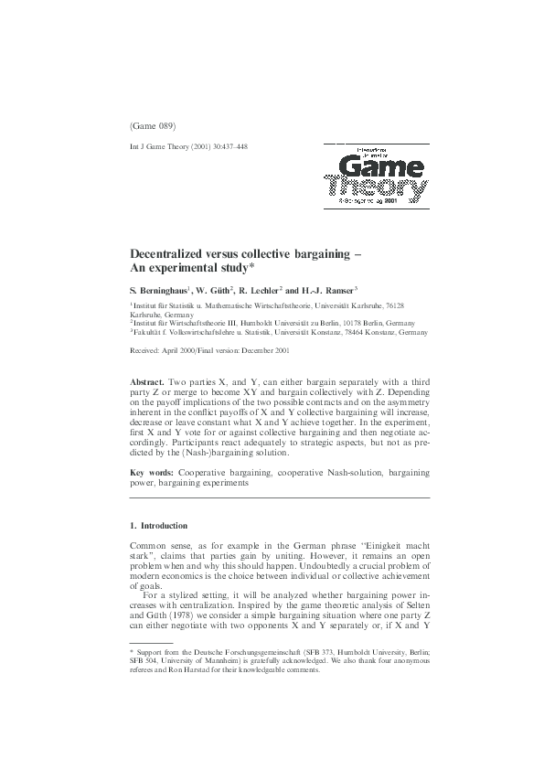 (PDF) Decentralized versus collective bargaining An experimental study