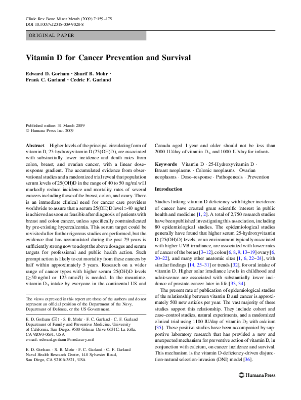 (PDF) Vitamin D for Cancer Prevention and Survival Sharif Mohr