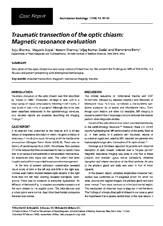 (PDF) Traumatic transection of the optic chiasm: Magnetic resonance ...