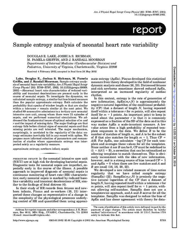 (PDF) Sample entropy analysis of neonatal heart rate variability