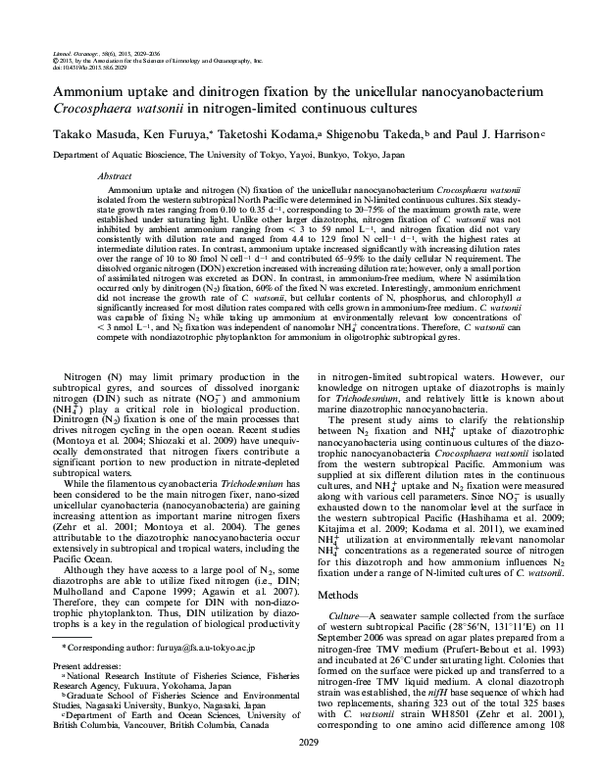 (PDF) Ammonium uptake and dinitrogen fixation by the unicellular ...