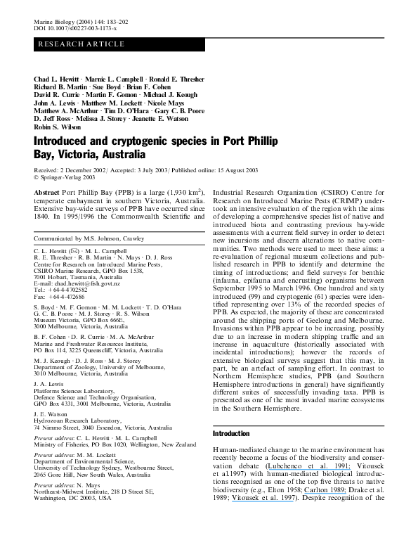 (PDF) Introduced and cryptogenic species in Port Phillip Bay, Victoria ...