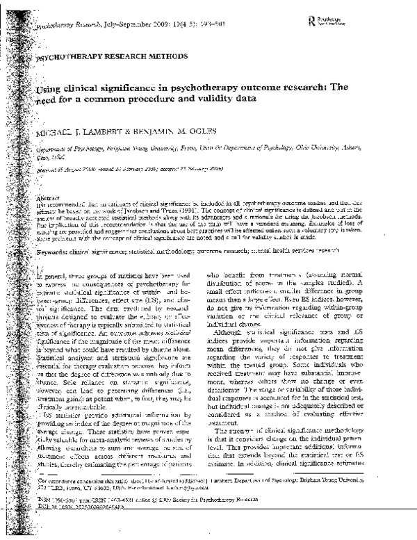 (PDF) Using clinical significance in psychotherapy outcome research ...