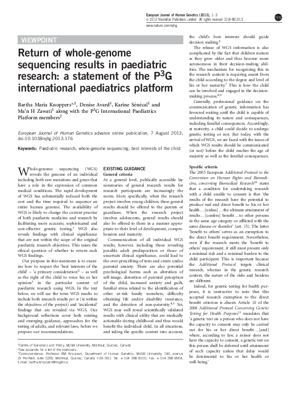 (PDF) Return of whole-genome sequencing results in paediatric research ...