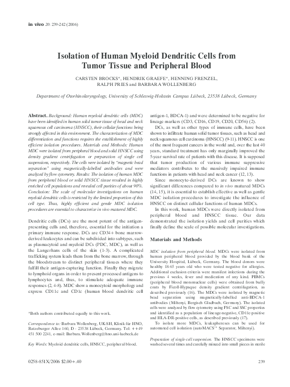 (PDF) Isolation of human myeloid dendritic cells from tumor tissue and ...
