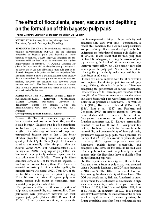 (PDF) The effect of flocculants, shear, vacuum and depithing on the ...