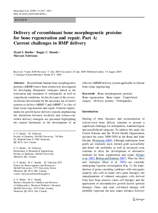 (PDF) Delivery of recombinant bone morphogenetic proteins for bone ...