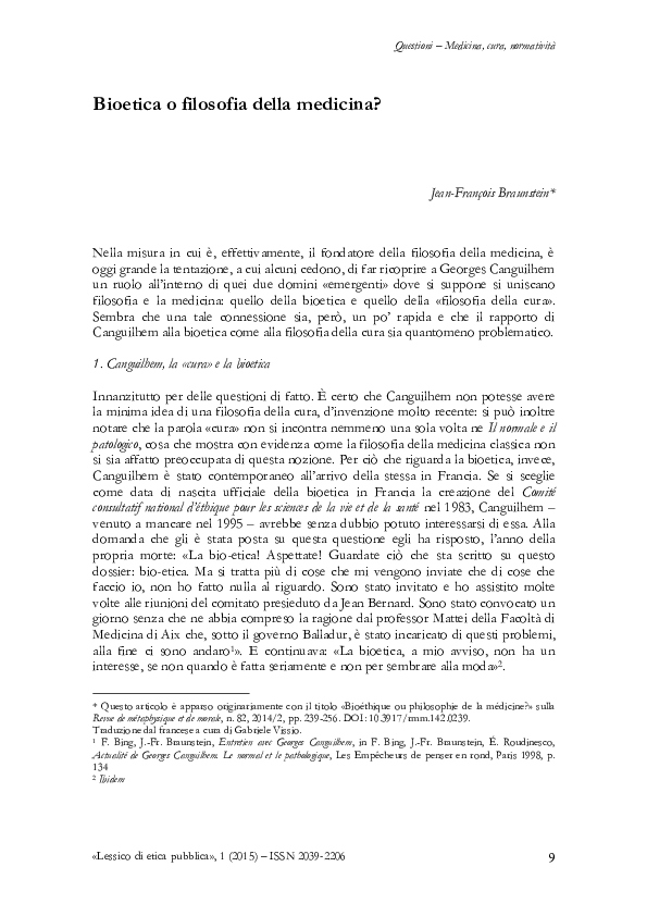 (PDF) [Translation from French] J.F. Braunstein, Bioetica o filosofia