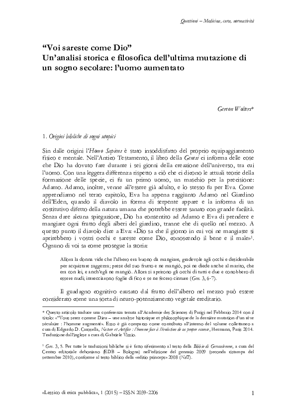 (PDF) [Translation from English] G. Wolters, "Voi sareste come Dio". Un