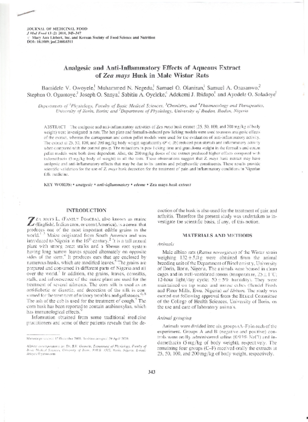 (PDF) Analgesic and Anti-Inflammatory Effects of Aqueous Extract of Zea ...