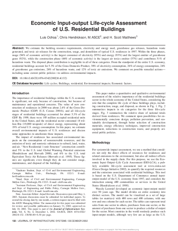 (PDF) Economic Input-output Life-cycle Assessment of U.S. Residential ...