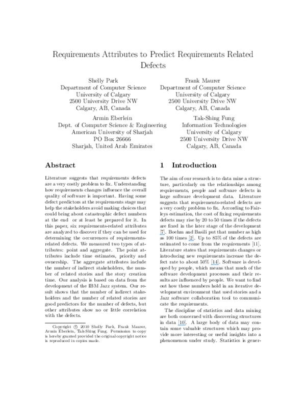 (PDF) Requirements attributes to predict requirements related defects