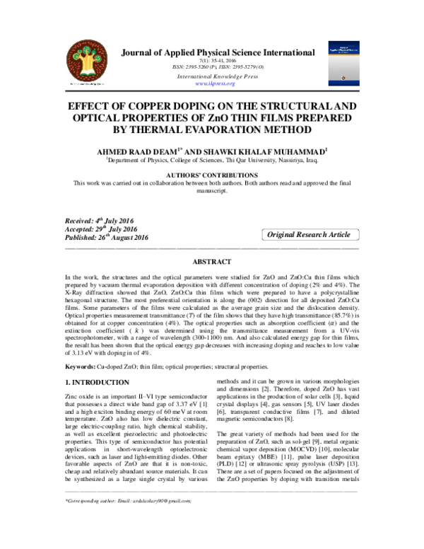 (PDF) EFFECT OF COPPER DOPING ON THE STRUCTURAL AND OPTICAL PROPERTIES ...