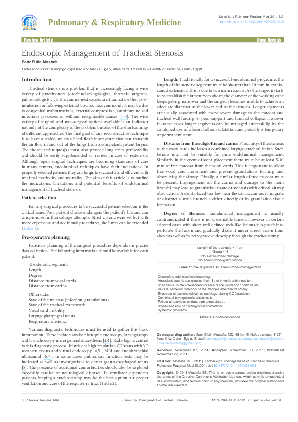 (PDF) Endoscopic Management of Tracheal Stenosis Badr E Mostafa Academia.edu