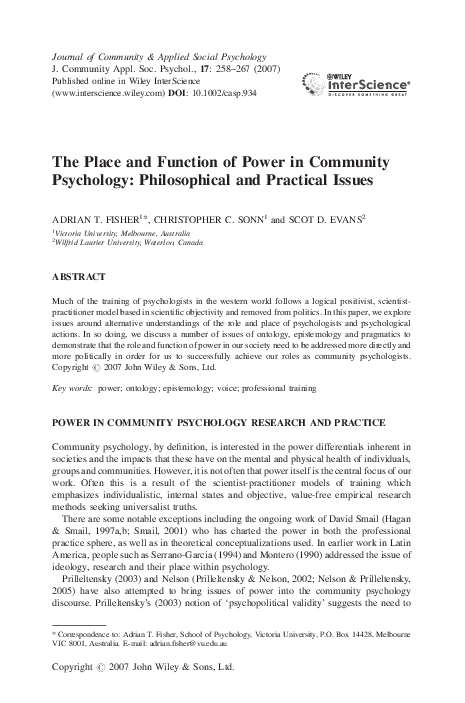 (PDF) The place and function of power in community psychology ...
