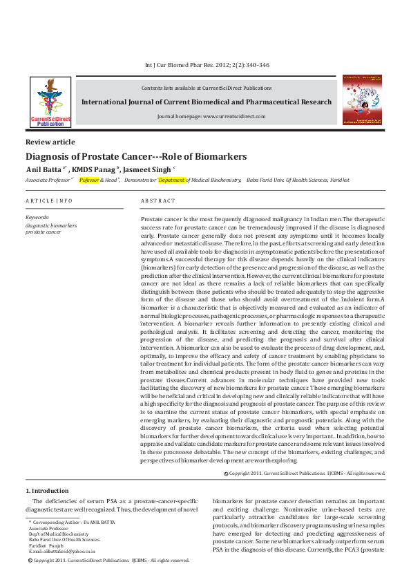 (PDF) Diagnosis of Prostate Cancer---Role of Biomarkers